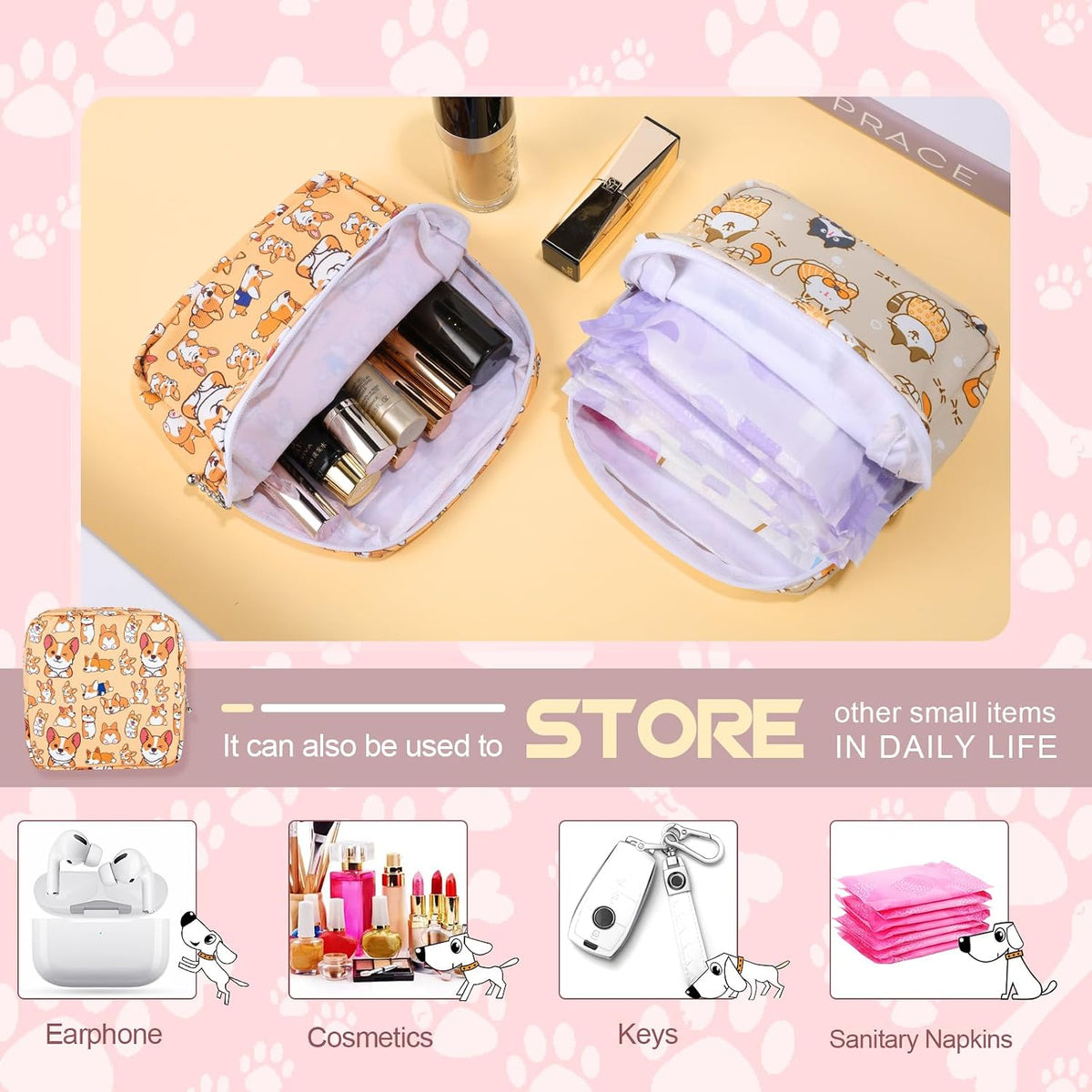Likesing Tampon Holder for Purse, Canvas Period Bag Pouch-Gray Cat