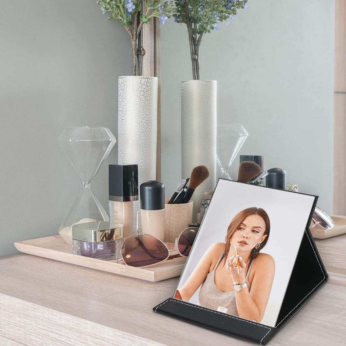 EFAILY Folding Travel Mirror, PU Portable Adjustable Rectangular Ultrathin Mirror, for Travel, Camping,Home(10W×7.8L)