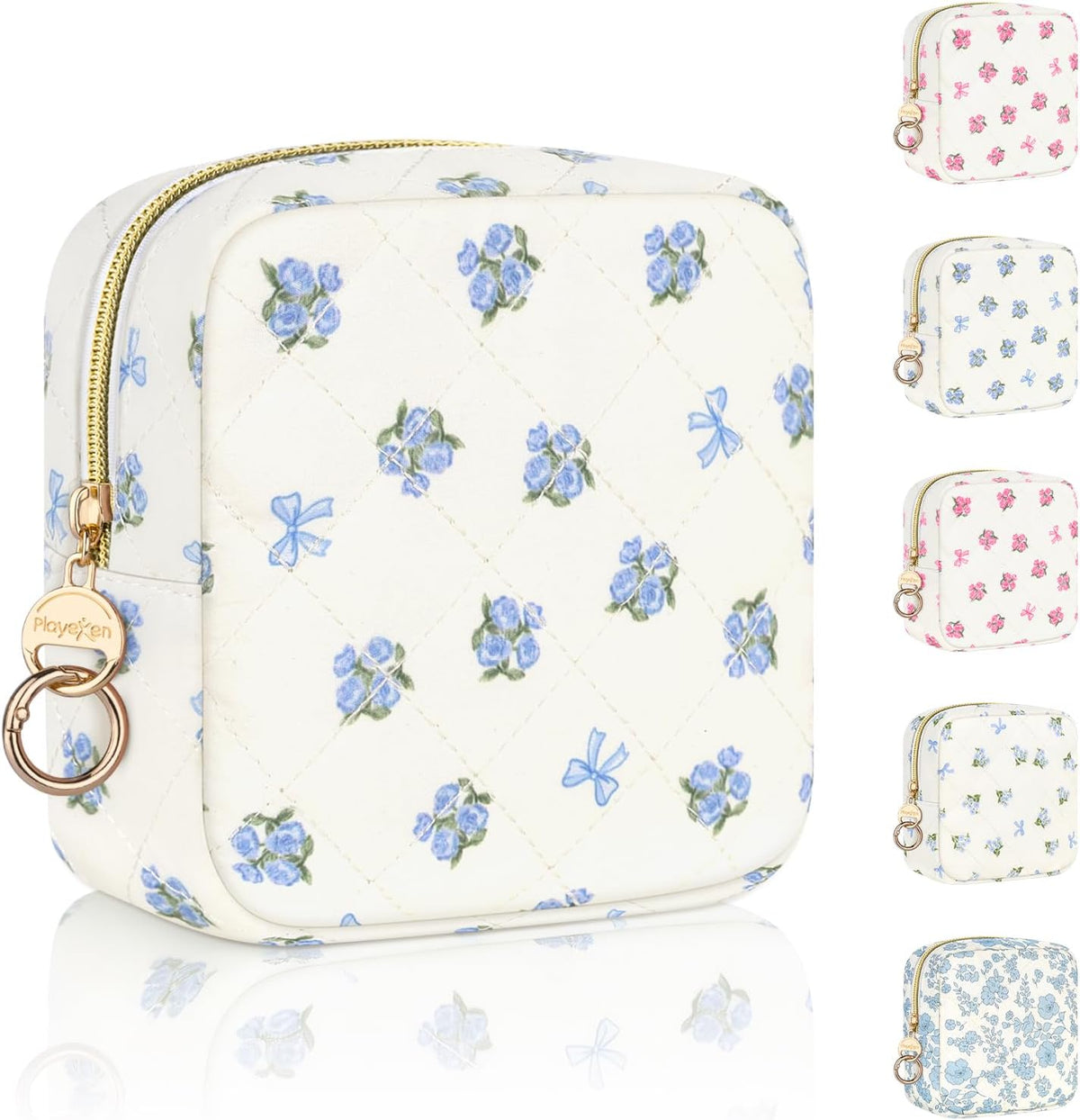 Floral Period Bag, Small Period Pouches for Teen Girls, Quilted Sanitary Napkin Storage Bag, Compact Discreet Pad and Tampon Holder for Purse (Floral-Rose Blue)