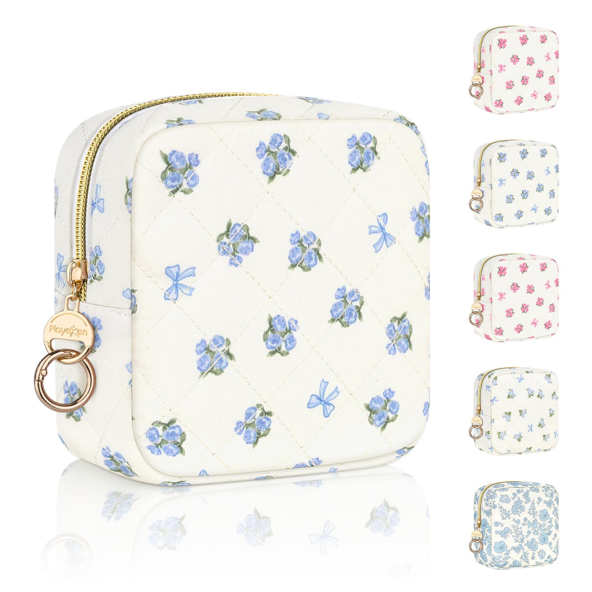 Floral Period Bag, Small Period Pouches for Teen Girls, Quilted Sanitary Napkin Storage Bag, Compact Discreet Pad and Tampon Holder for Purse (Floral-Blue)