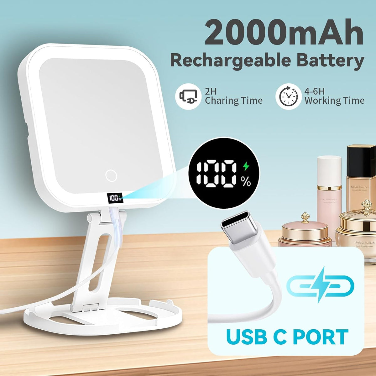 Travel Makeup Mirror with Lights 10X Magnifying Mirror with Battery Display