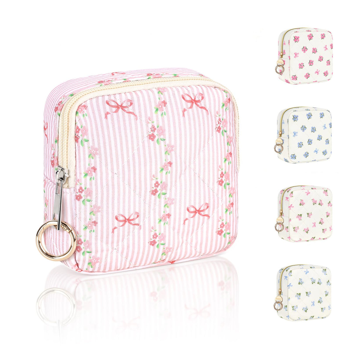 Floral Period Bag, Small Period Pouches for Teen Girls, Quilted Sanitary Napkin Storage Bag, Compact Discreet Pad and Tampon Holder for Purse (Floral-Blue)
