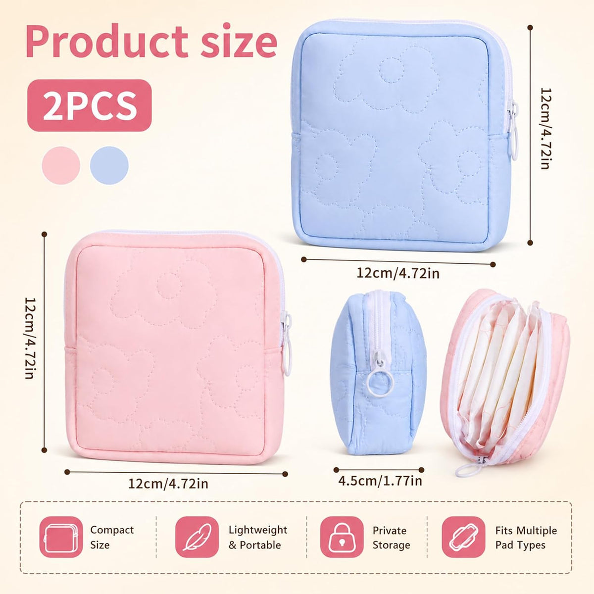 2 PCS Period Bags for Teen Girls, Pink Blue Floral Printed Napkin Storage Period Pouches for Teen Girls, Portable Cute Printed Menstrual Pad Pouch Tampon Holder for Purse, First Period Kit for Girls