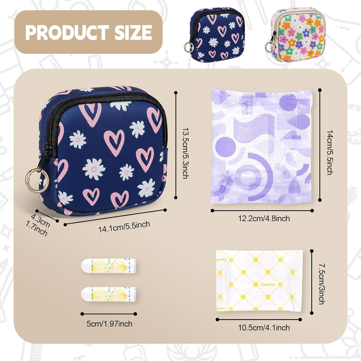 Period Bag for Teen Girls, Neoprene Cute Sanitary Napkin Storage Bag, Menstrual Pad Pouch Tampon Holder (Hearts)