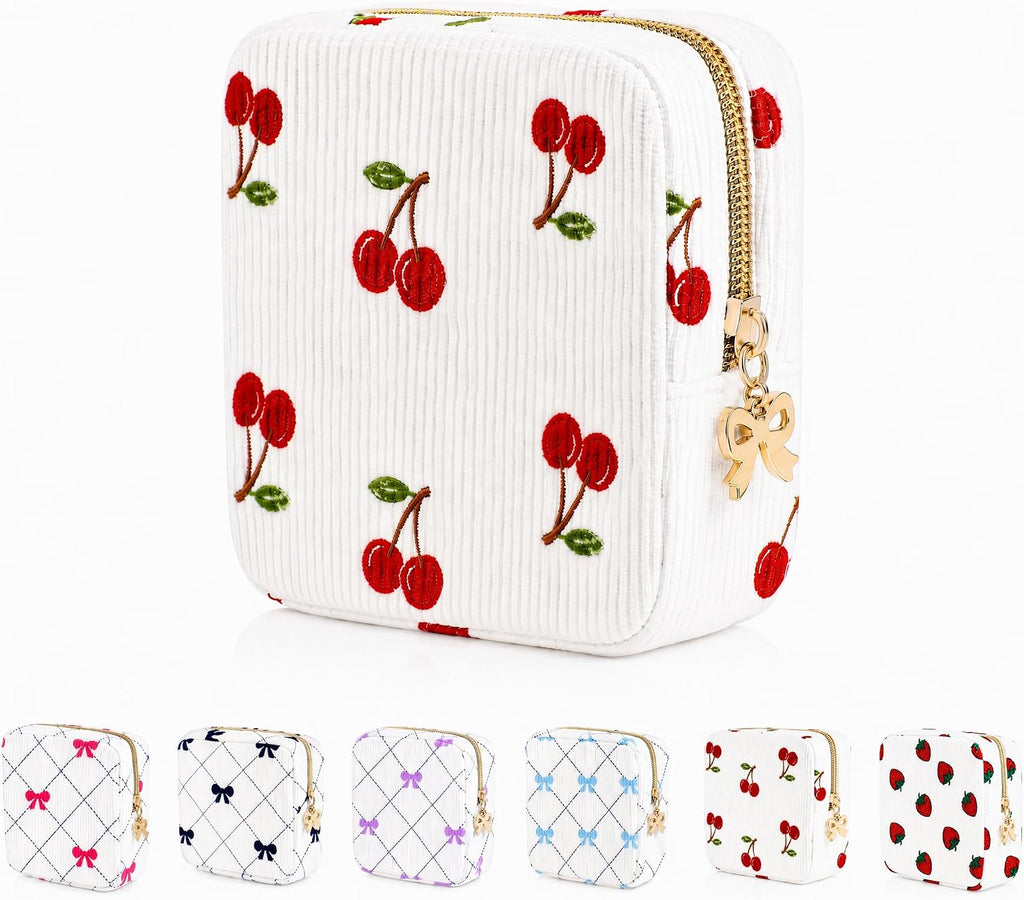 Period Bag for Women, Portable Corduroy Sanitary Napkin Storage Bag Strawberry Period Pouch with Zipper, Sanitary Pads Bag Tampons Holder for Purse, First Period