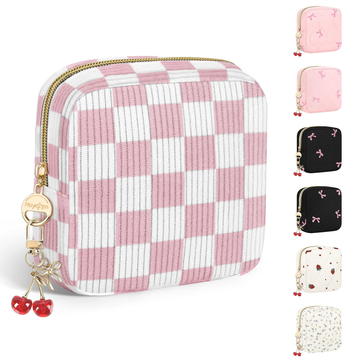 Period Bag with Cherry Keychain, Small Period Pouches for Teen Girls, Cute Sanitary Napkin Storage Bag, Cherry Compact Discreet Pad and Tampon Holder for Purse (Corduroy-Black)