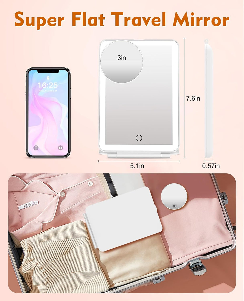 FUNTOUCH Rechargeable Travel Makeup Mirror with Lights 10X Magnifying