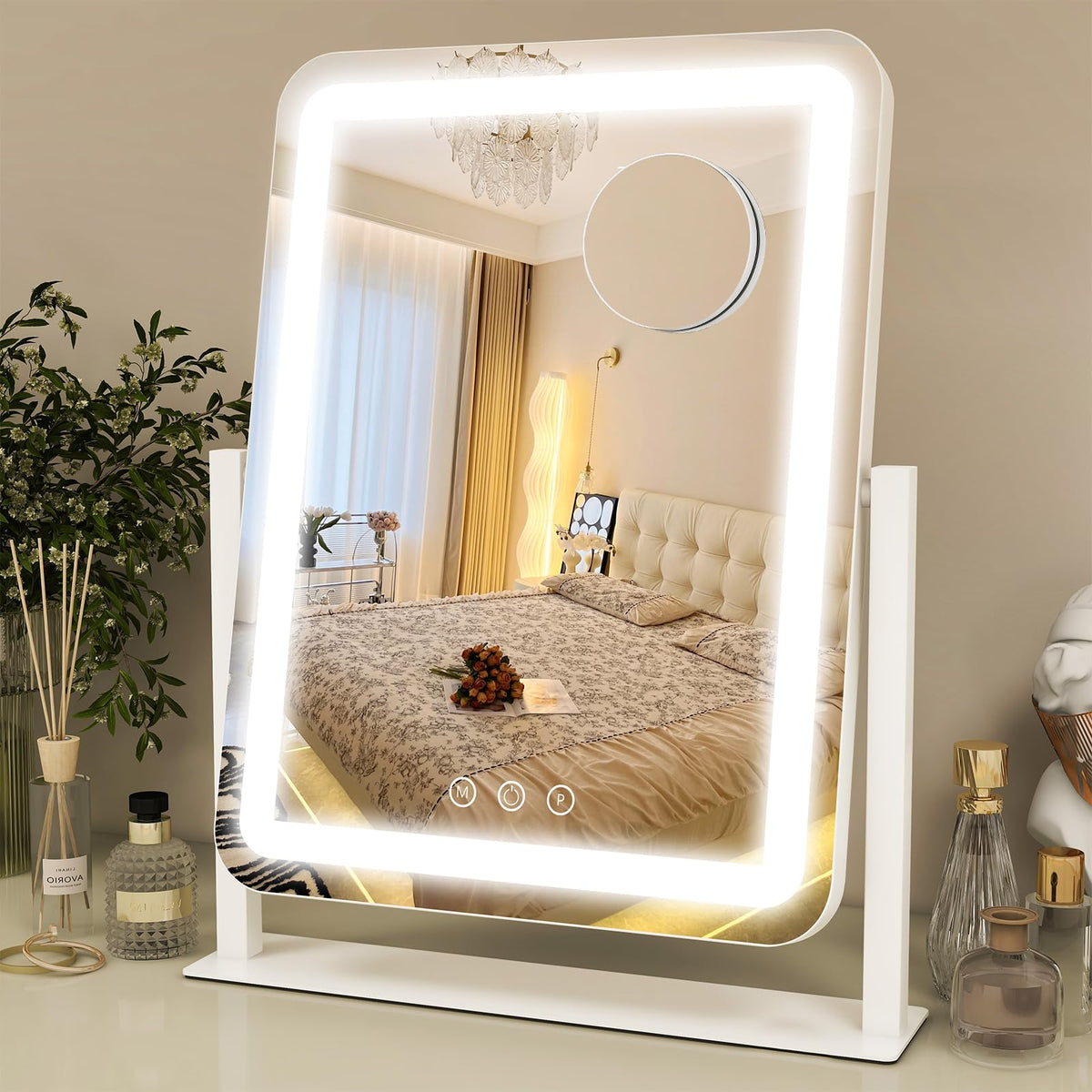 ROLOVE 8x10 Inch Lighted Vanity Mirror, 3-Color Dimmable LED Lighting & Touch Control, Portable Makeup Mirror with U-Bracket for Travel/Dressing Room (White)