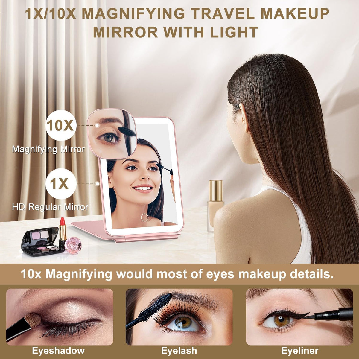 Mocado Travel Makeup Mirror with Light, 1x/10x Magnifying Mirror with Light