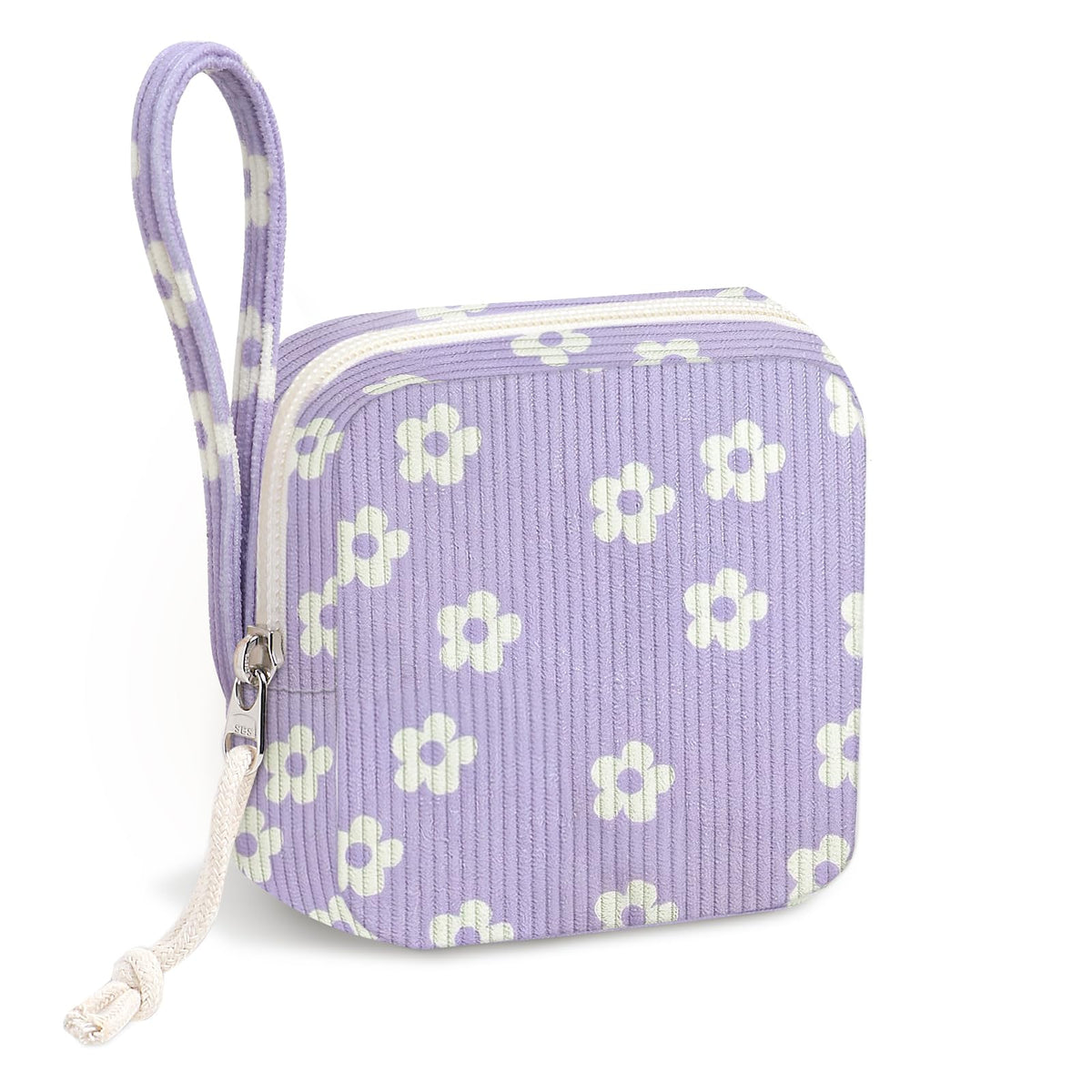 Corduroy Period Pouch for Women, Cute Sanitary Pad Pouch with Zipper, Portable Tampon Holder for Purse, Sanitary Napkin Storage Bag for Travel (Stripes Brown White)