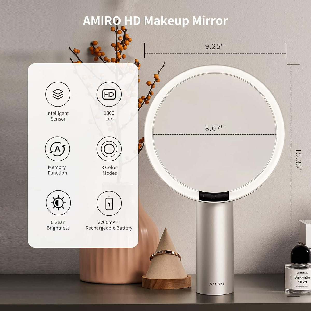 AMIRO 9"LED Makeup Mirror with 10X Magnification,3Colors&6 Brightness,White