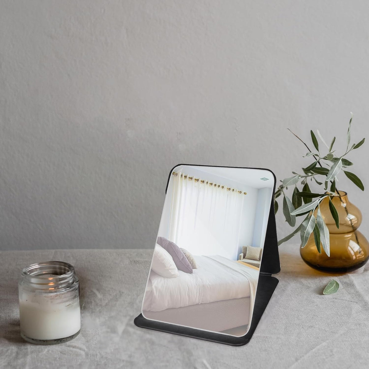 Makeup Mirror, 6x8 Inches Portable PU Leather Mirror, Folding Desktop Vanity Mirror with Adjustable Stand for Vanity Table, Office, Travel (M, Black)