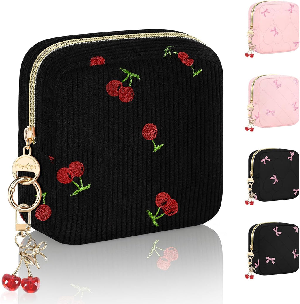 Period Bag with Cherry Keychain, Small Period Pouches for Teen Girls, Cute Sanitary Napkin Storage Bag, Cherry Compact Discreet Pad and Tampon Holder for Purse (Corduroy-Black)