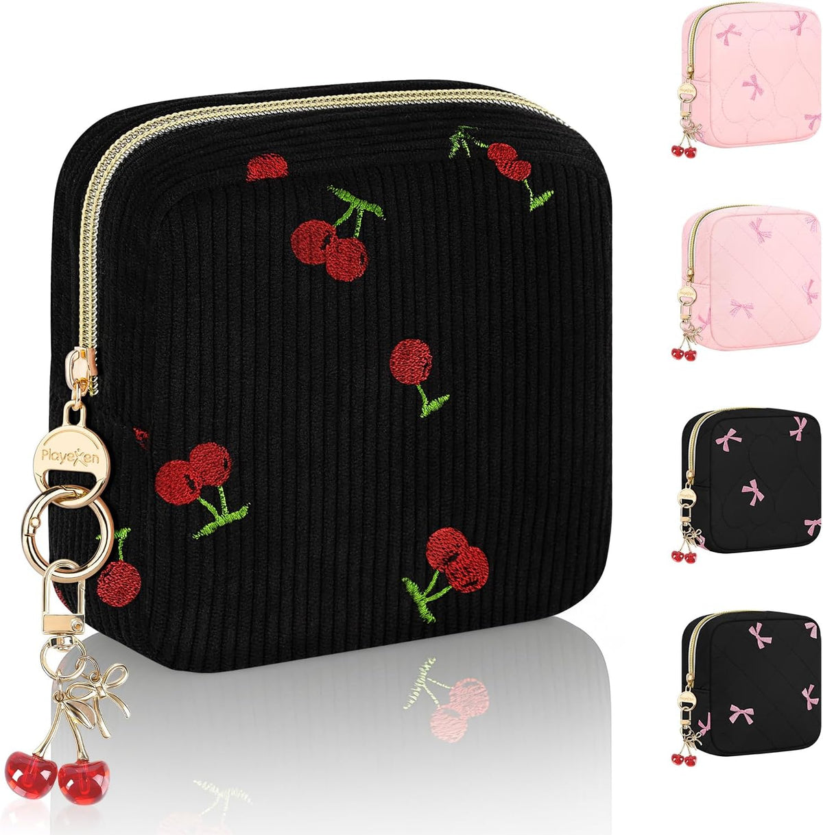 Period Bag with Cherry Keychain, Small Period Pouches for Teen Girls, Cute Sanitary Napkin Storage Bag, Cherry Compact Discreet Pad and Tampon Holder for Purse (Corduroy-Black)