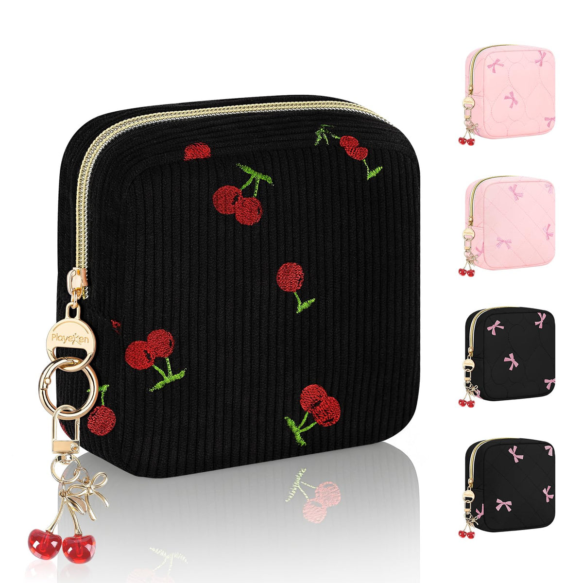 Period Bag with Cherry Keychain, Small Period Pouches for Teen Girls, Cute Sanitary Napkin Storage Bag, Cherry Compact Discreet Pad and Tampon Holder for Purse (Corduroy-Black)