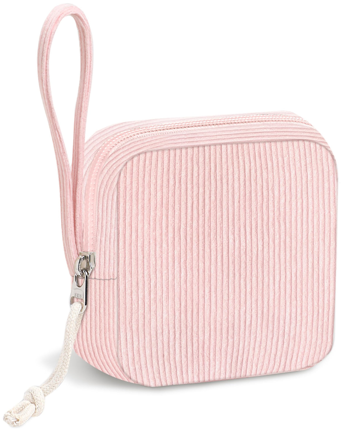 Corduroy Period Pouch for Women, Cute Sanitary Pad Pouch with Zipper, Portable Tampon Holder for Purse, Sanitary Napkin Storage Bag for Travel (Stripes Brown White)