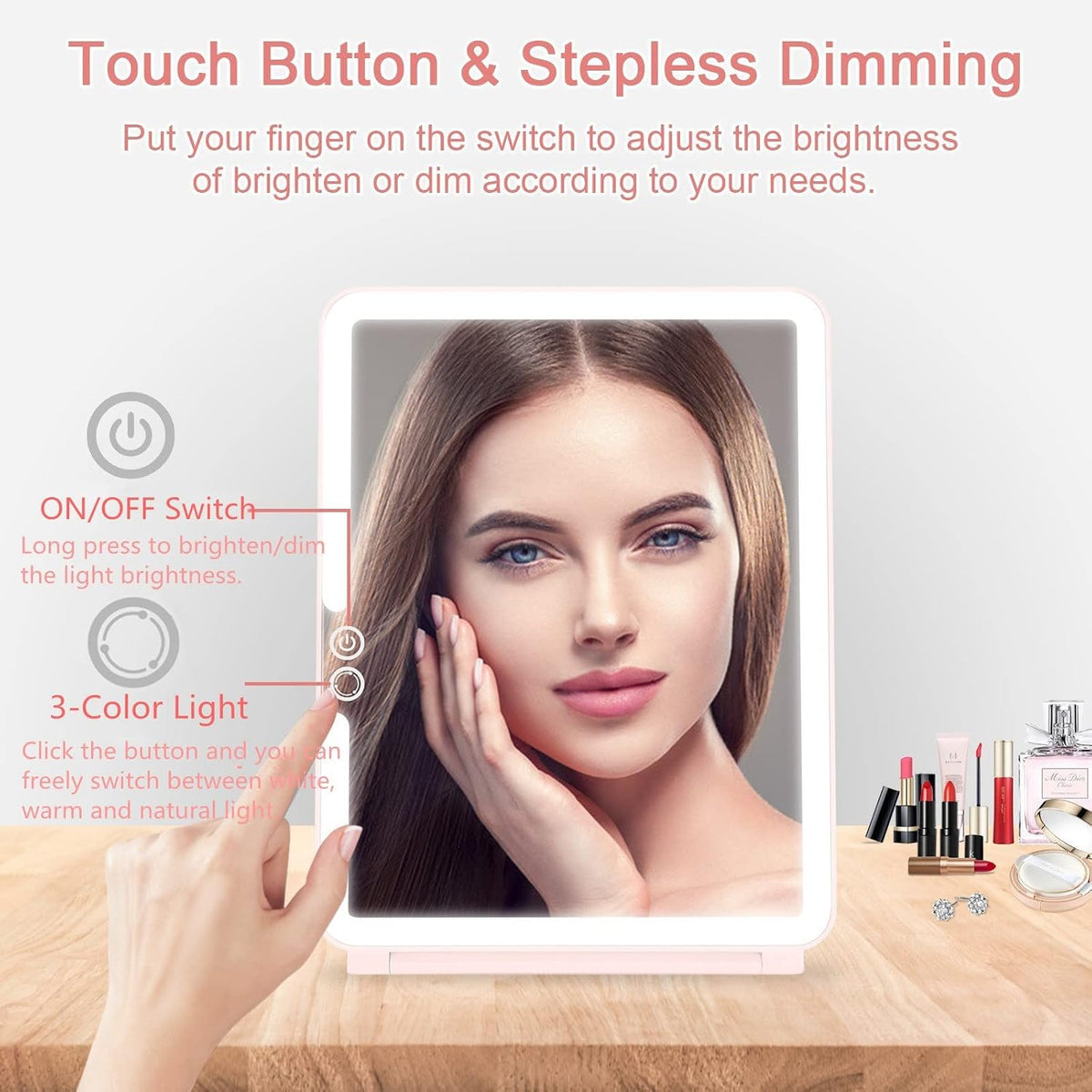 deweisn Folding Travel Mirror Lighted Makeup Mirror with 72 LEDs 3 Colors Light Modes, USB Rechargable, Portable, Ultra Thin, CompactVanity Mirror with Touch Screen Dimming for Cosmetic (Pink)