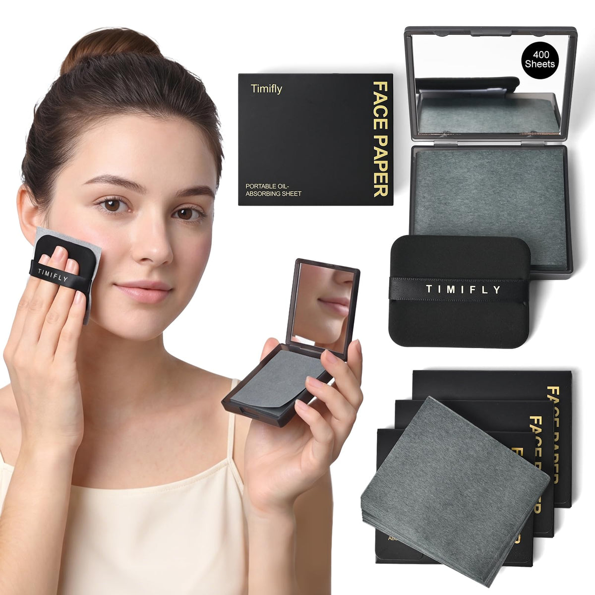 KYDA 200 Sheets Face Oil Blotting Paper, Included Refills, Mirror and Puff, Oil Absorbing Sheets for Matte Makeup, Controls Shine, Absorb Excess Oil, Travel Size Gentle Face Makeup