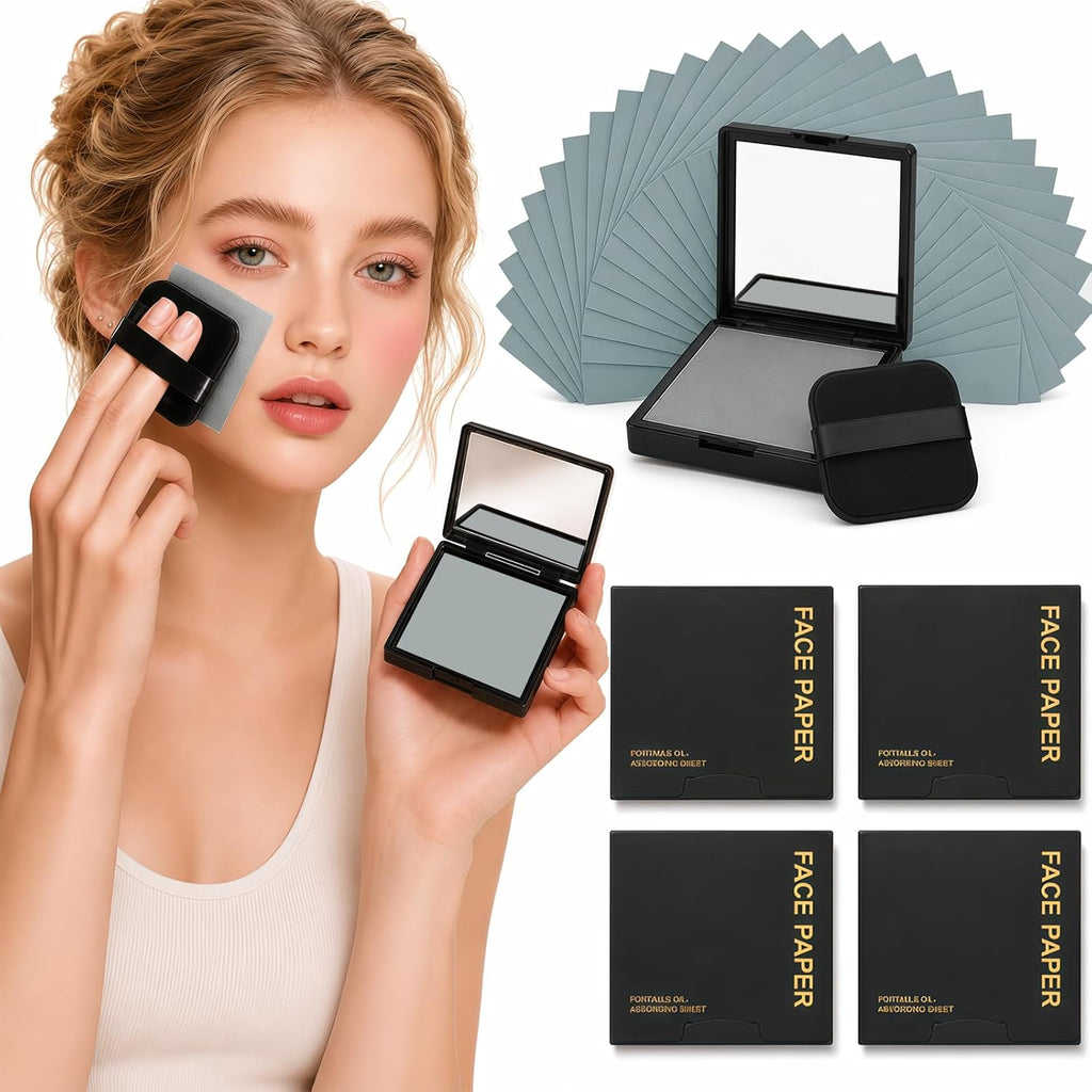 Oil Blotting Sheets for Face, 500 Pcs Blotting Papers for face with Mirror, Puff and Refill Pack, Rapidly absorb excess oils Makeup Friendly for Women with Oily Skin (Light Gray and Odorless)