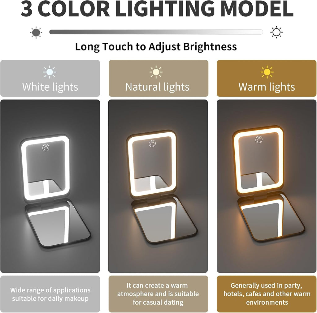 Kintion 1X/3X Pocket Mirror, 3 Color Lighting LED Compact Mirror (Black)