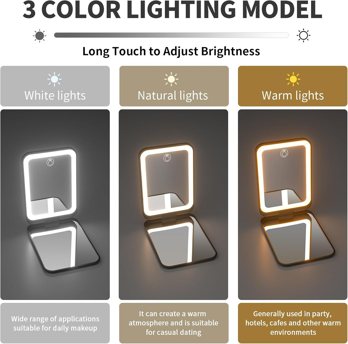 Kintion 1X/3X Pocket Mirror, 3 Color Lighting LED Compact Mirror (Black)