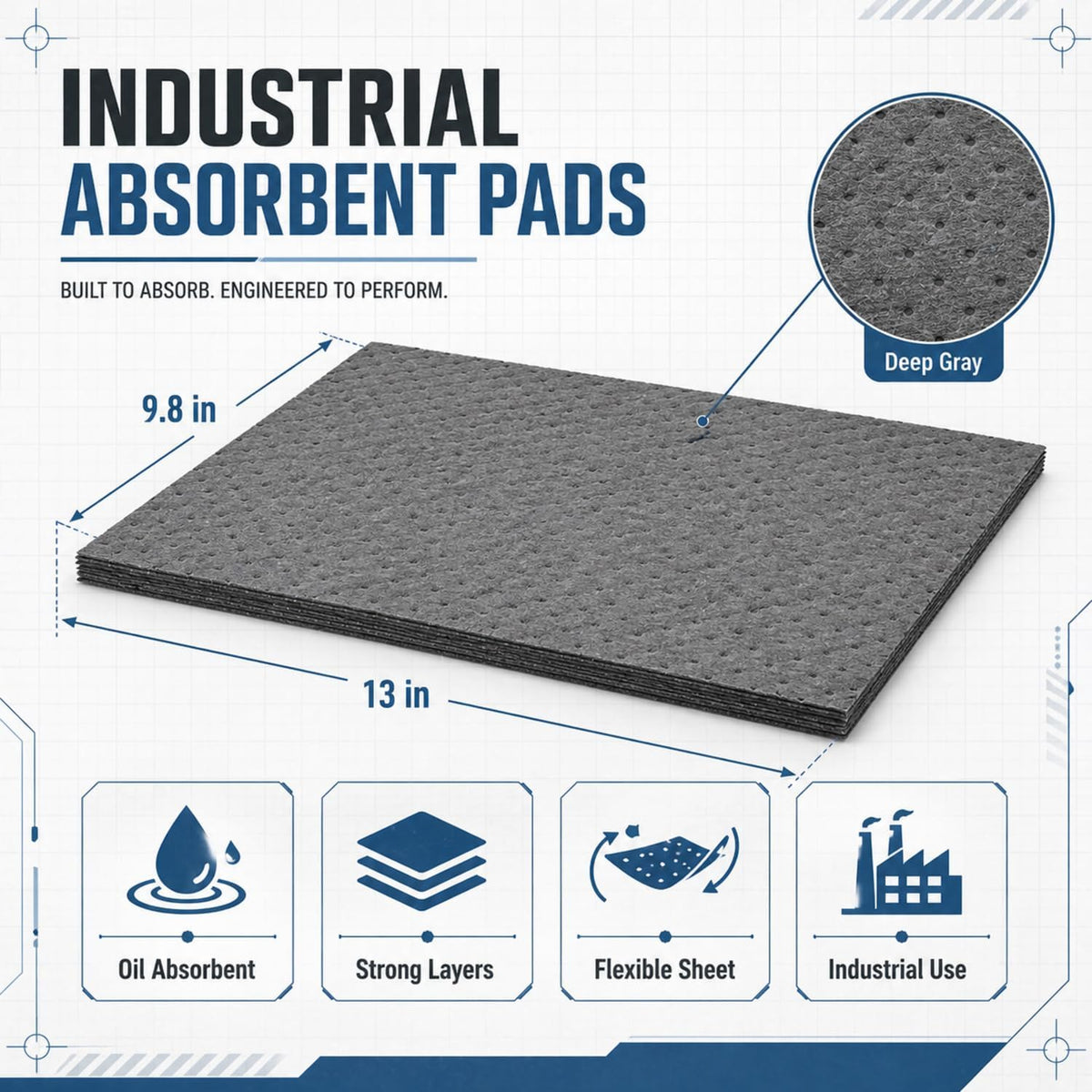 Hoolerry 100 Pcs Oil Absorbent Pad for Spill, 9.8 x 13 Inch, Gray