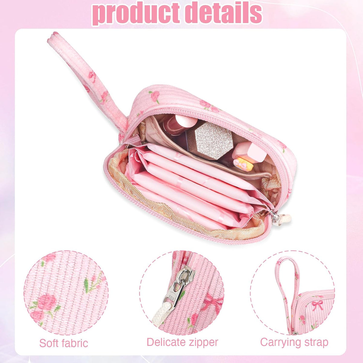 Small Makeup Bag | Discreet Period Bag Pad Pouch for Purse| Sanitary Napkin Storage & Tampon Holder for Travel(Flower bow pink)