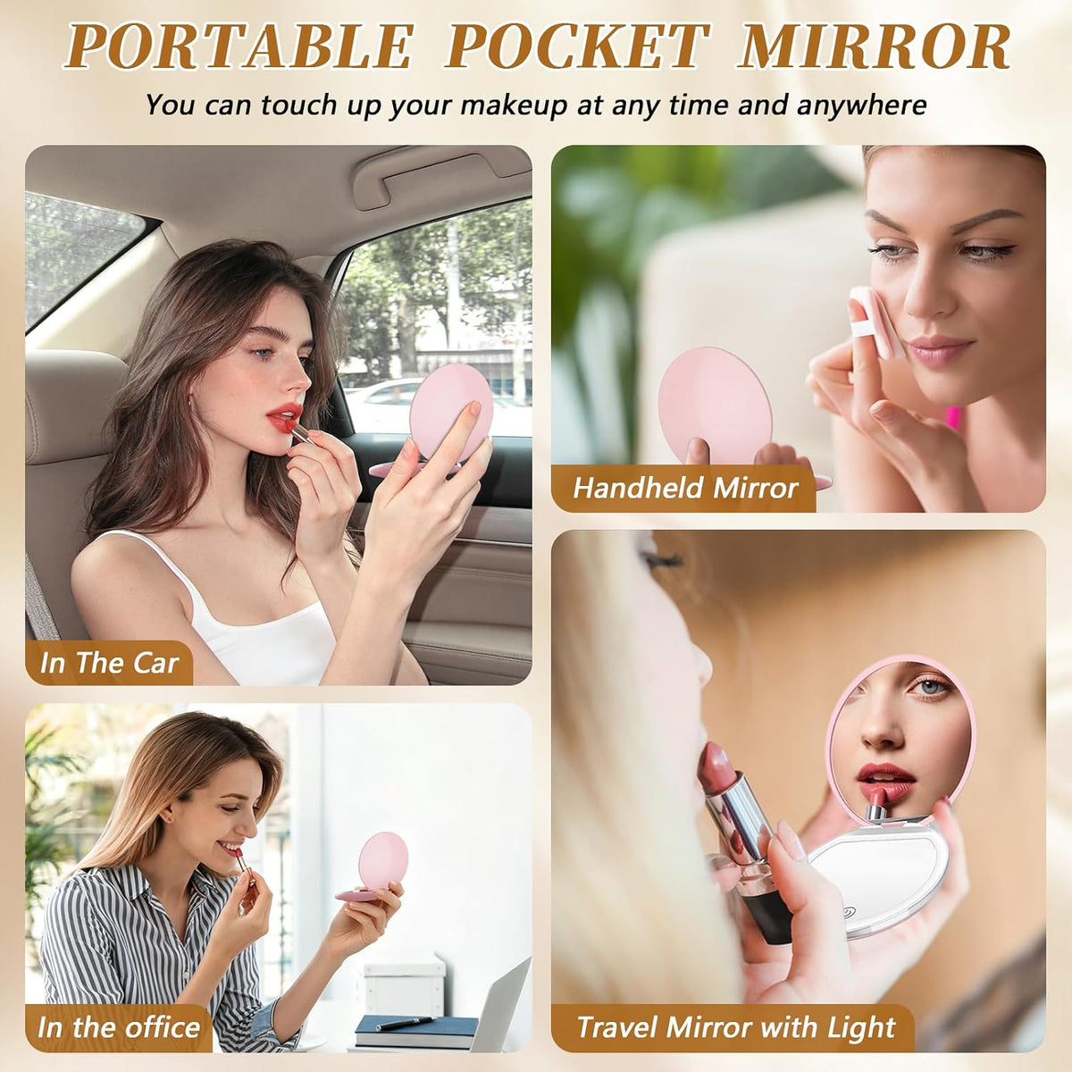 Pink Compact Mirror with Light, 1X/3X Magnification LED Pocket Mirror