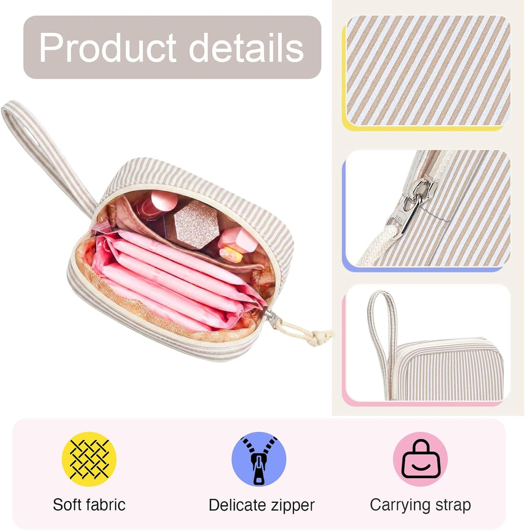 Corduroy Period Pouch for Women, Cute Sanitary Pad Pouch with Zipper, Portable Tampon Holder for Purse, Sanitary Napkin Storage Bag for Travel (Stripes Brown White)