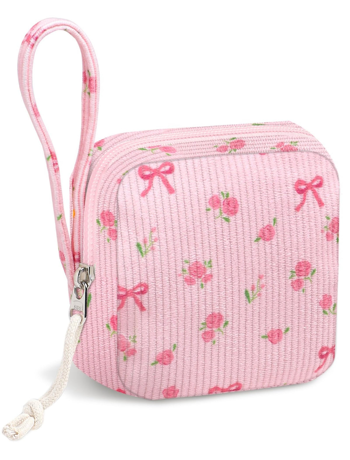 Small Makeup Bag | Discreet Period Bag Pad Pouch for Purse| Sanitary Napkin Storage & Tampon Holder for Travel(Flower bow pink)