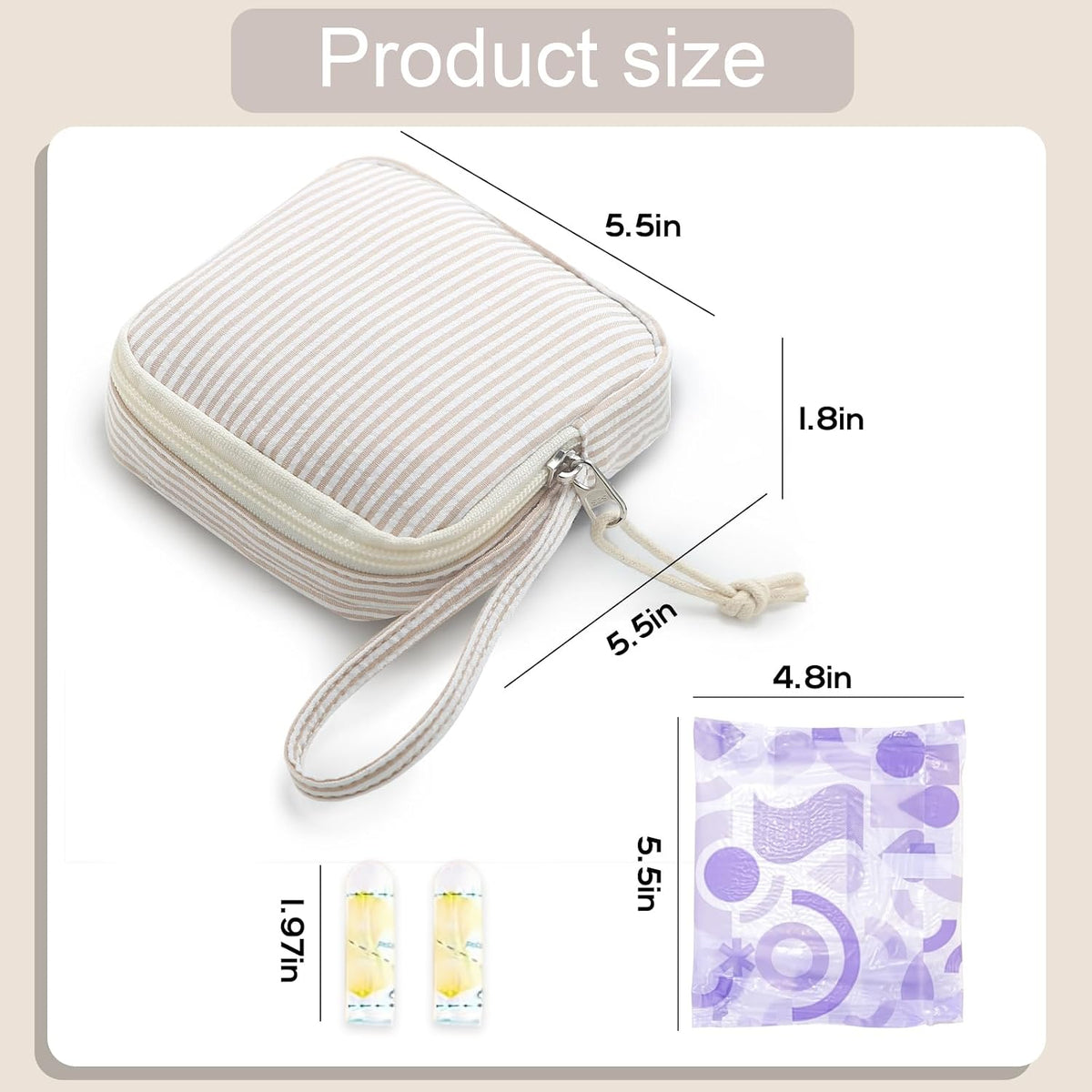 Corduroy Period Pouch for Women, Cute Sanitary Pad Pouch with Zipper, Portable Tampon Holder for Purse, Sanitary Napkin Storage Bag for Travel (Stripes Brown White)