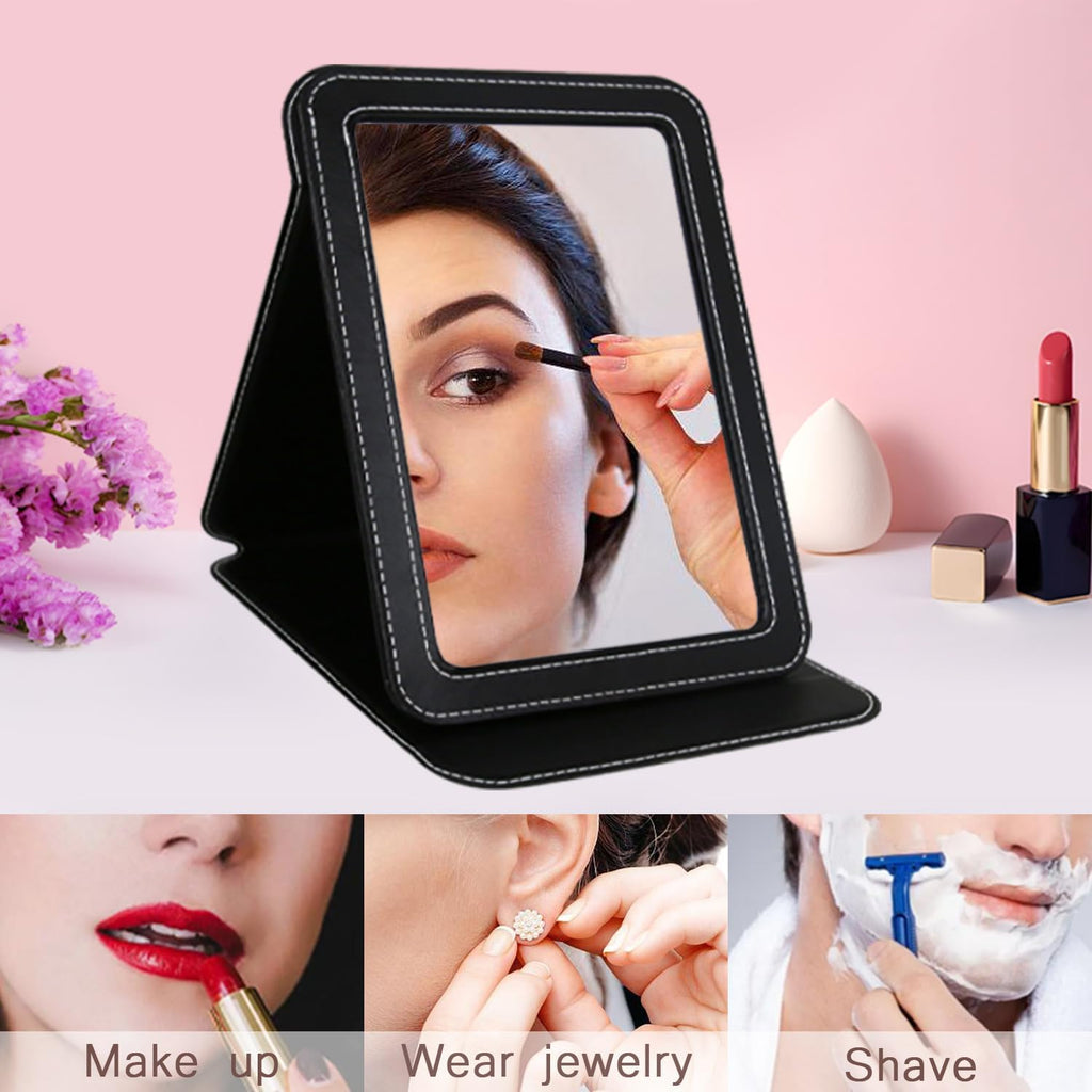 Travel Mirror for Desk, 6.5×8.9” Adjustable Rectangle PU Edge Covering Black Foldable Desk Mirror with Stand for Travel Camping Home (Black)