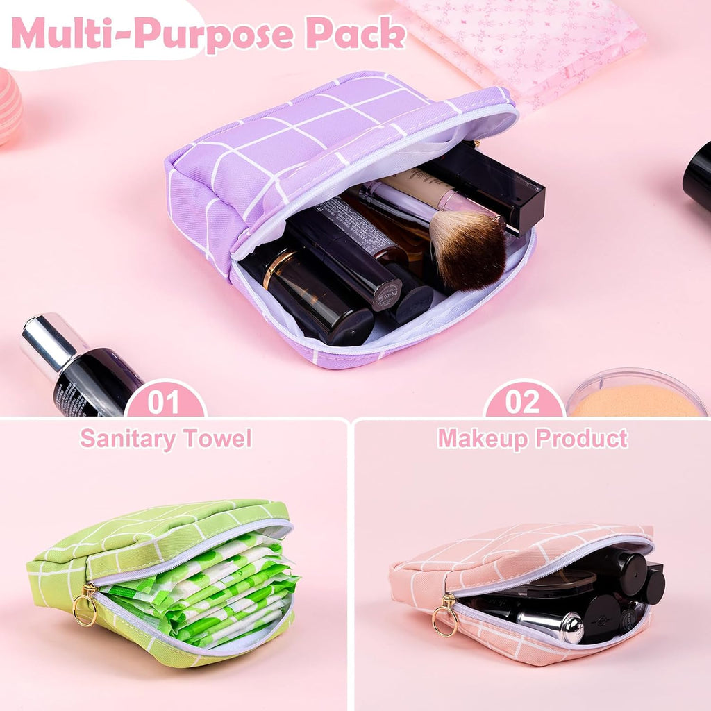 Period Bag Pouch Soft Cloth Sanitary Napkin Storage Bag Portable Menstrual Pad Pouches Tampon Holder for Purse First Period Kit for Girls 9-12 (Rose-Pink Check)