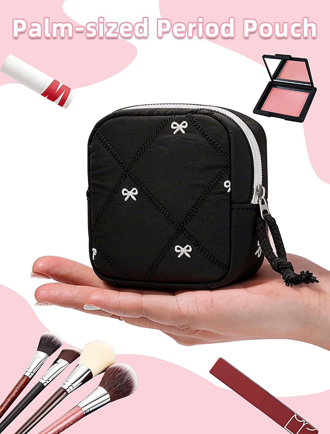 Quilted Bow Period Bag, Period Pouches for Teen Girls Women(Black)