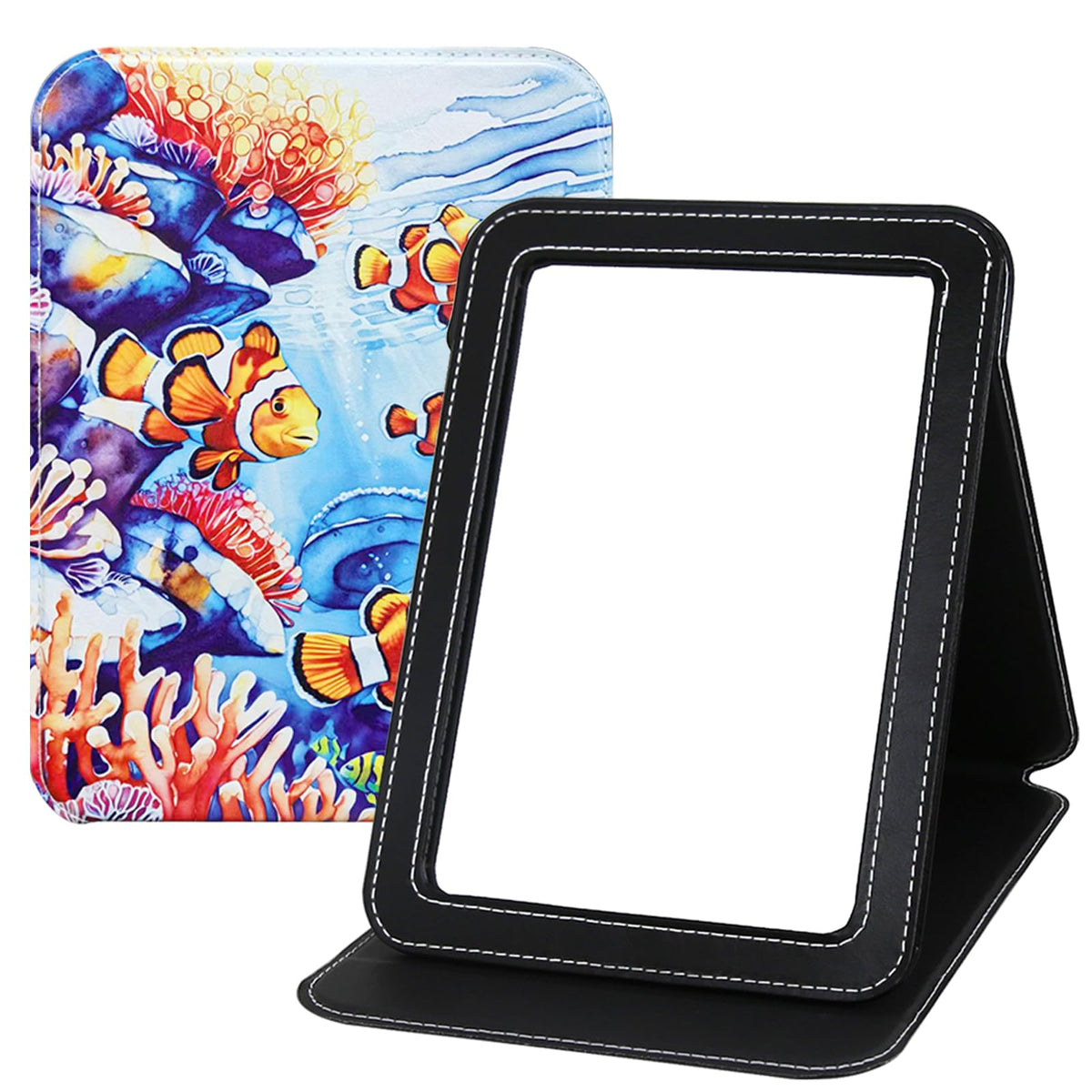Large Folding Mirror Portable, Travel Foldable PU Adjustable Rectangular Ultrathin Vanity Mirror Rounded Corner with Multi Stand Angle, for Travel, Camping,Home 9x7 Inch