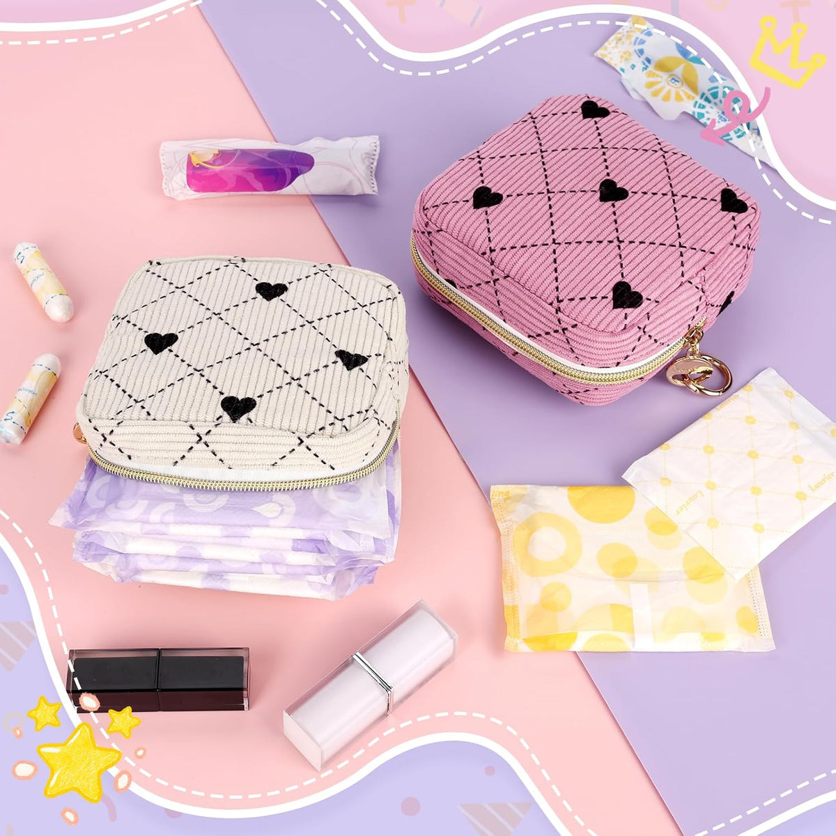 Corduroy Period Bag, Small Period Pouches for Teen Girls, Cute Sanitary Napkin Storage Bag, Compact Discreet Pad and Tampon Holder for Purse (Pink Hearts)