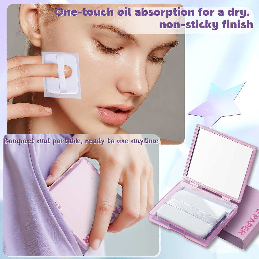 SYNTHORA Oil Blotting Papers for Face, 100 Sheets Oil Absorbing Blotting Paper with Mirror & Puff, Linen Fiber Shine Control Sheets, Makeup Friendly Portable Oil Control for Oily Skin(Purple)