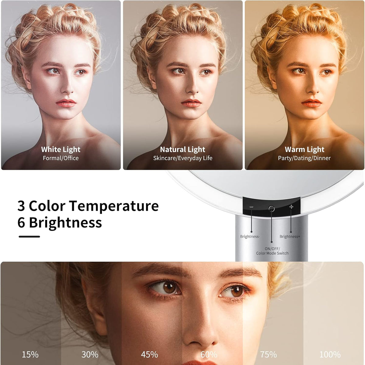 AMIRO 9"LED Makeup Mirror with 10X Magnification,3Colors&6 Brightness,White