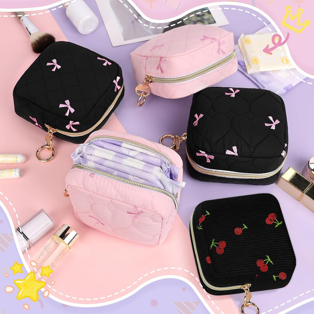 Period Bag with Cherry Keychain, Small Period Pouches for Teen Girls, Cute Sanitary Napkin Storage Bag, Cherry Compact Discreet Pad and Tampon Holder for Purse (Corduroy-Black)