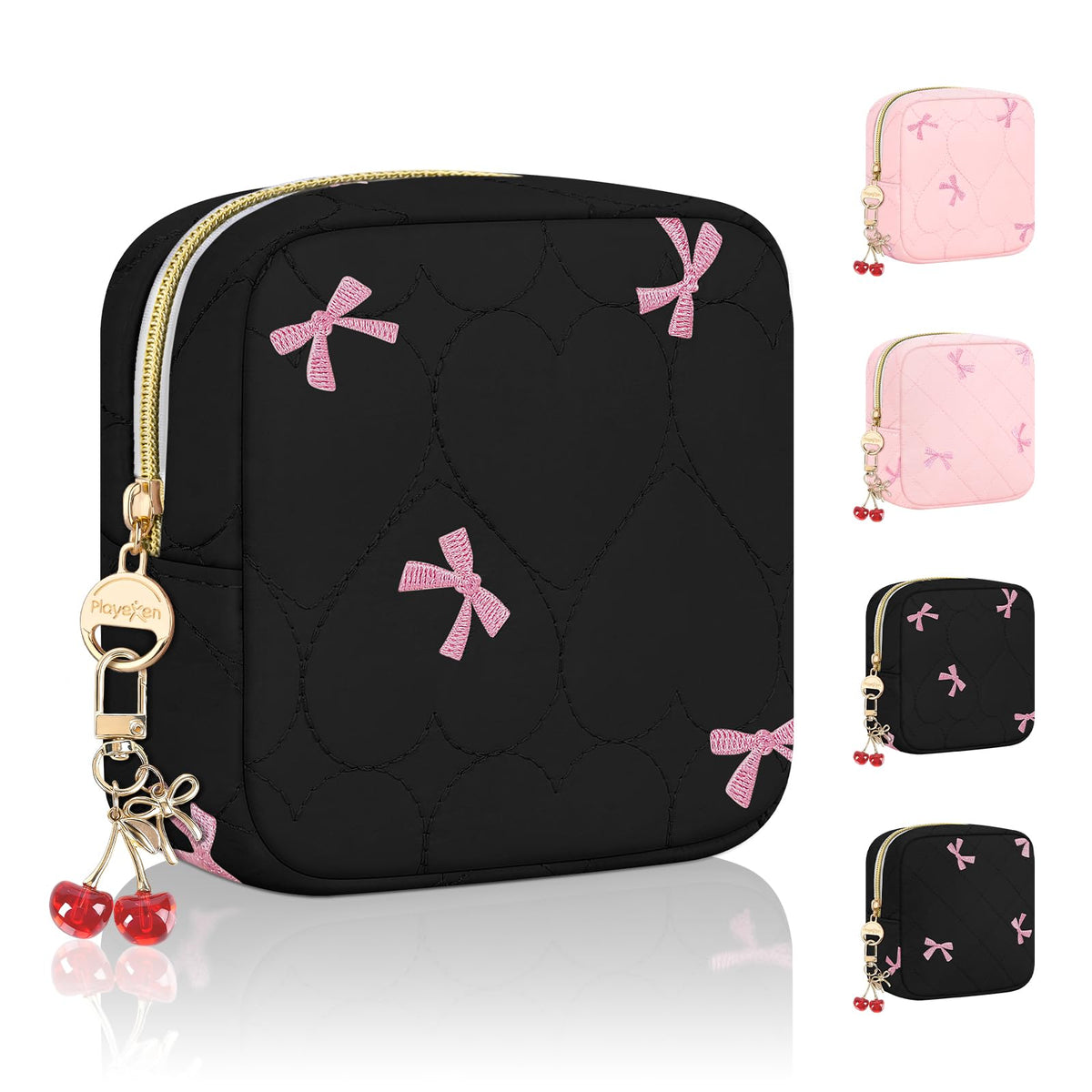 Period Bag with Cherry Keychain, Small Period Pouches for Teen Girls, Cute Sanitary Napkin Storage Bag, Cherry Compact Discreet Pad and Tampon Holder for Purse (Corduroy-Black)