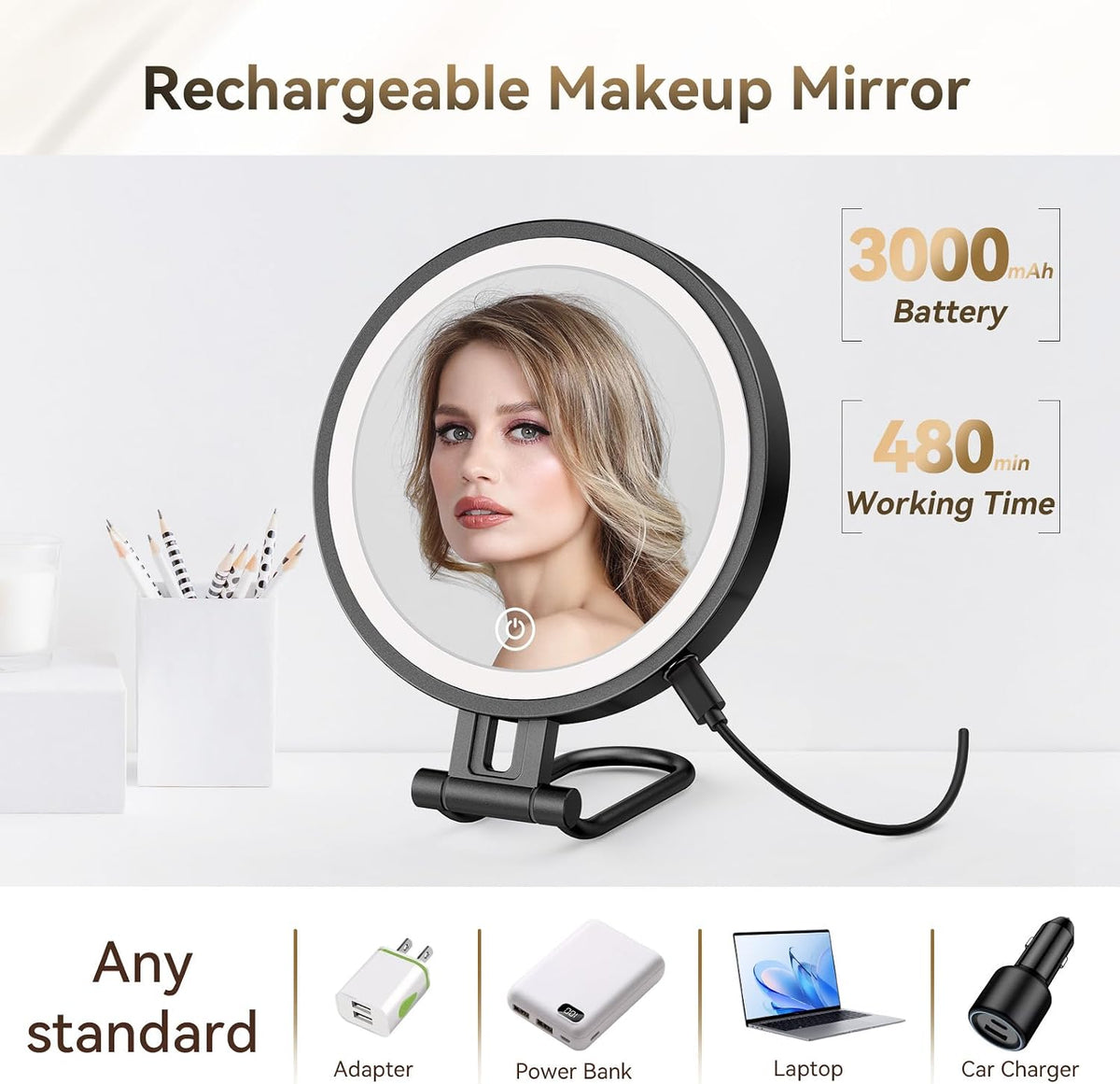 Travel Makeup Mirror with Lights,3000mAh Rechargeable 1X/30X Magnifying Mirror with Light, 7" Portable Lighted Beauty Mirror, Make Up Mirrors with 3 Light Colors, Dimmable Tabletop Handhold Hanging(B)