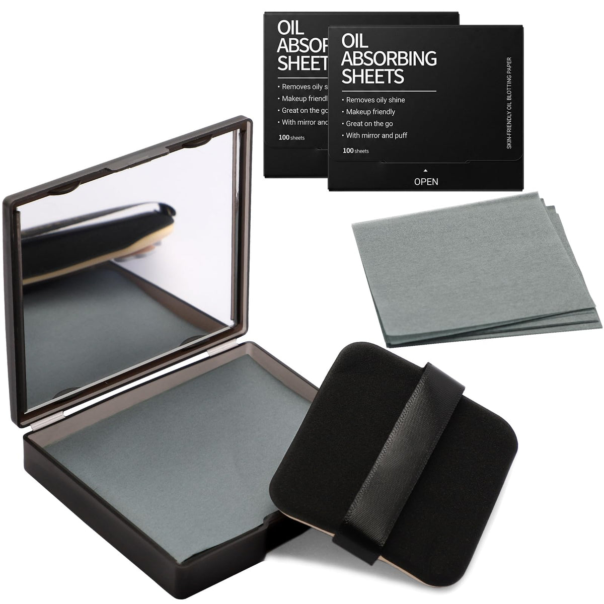 Oil Blotting Sheets for Face with Mirror & Puff, 300 Sheets Oil Absorbing Sheets for Oily Skin, Natural Fiber Blotting Paper, Makeup Friendly Face Oil Control Sheets