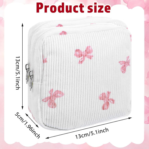 2 Pack Period Bag Pouch for Women Girls, Cute Corduroy Sanitary Napkin Storage Bag with Bow Design, Portable Discreet Menstrual Pad Pouches Tampon Holder for Purse, Small Make Up Bags