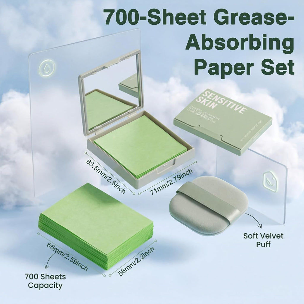 700 Pcs Oil Blotting Sheets with Mirror & Puff, Blotting Compact Papers for Your Face, Natural Oil Control Absorbing Sheets for Oily Skin