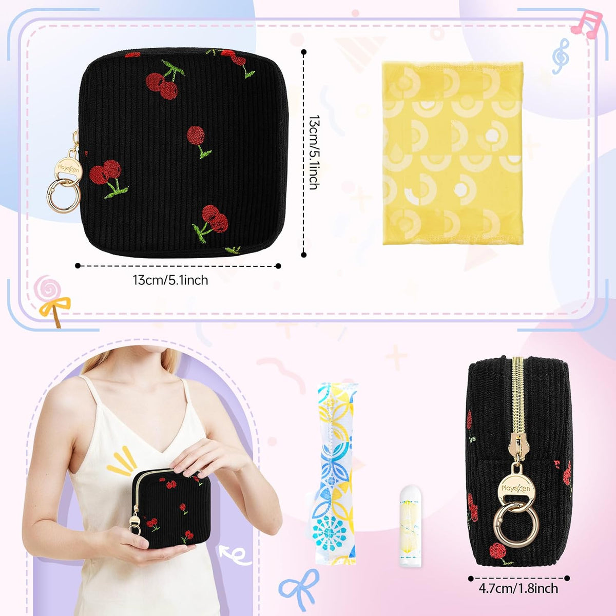 Period Bag with Cherry Keychain, Small Period Pouches for Teen Girls, Cute Sanitary Napkin Storage Bag, Cherry Compact Discreet Pad and Tampon Holder for Purse (Corduroy-Black)