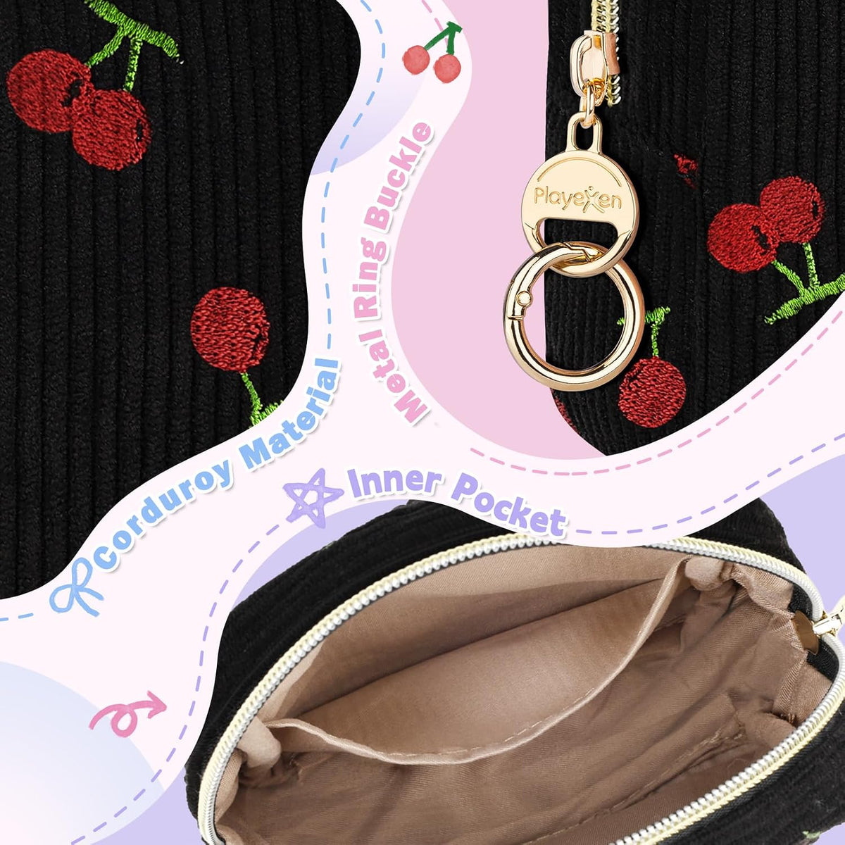 Period Bag with Cherry Keychain, Small Period Pouches for Teen Girls, Cute Sanitary Napkin Storage Bag, Cherry Compact Discreet Pad and Tampon Holder for Purse (Corduroy-Black)