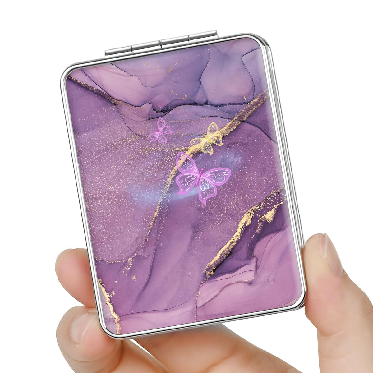 Pocket Mirror, Small Travel Mirror with Magnification, Portable Double-Sided Magnifying Cosmetic Mirror for Daily (Pink Marble)