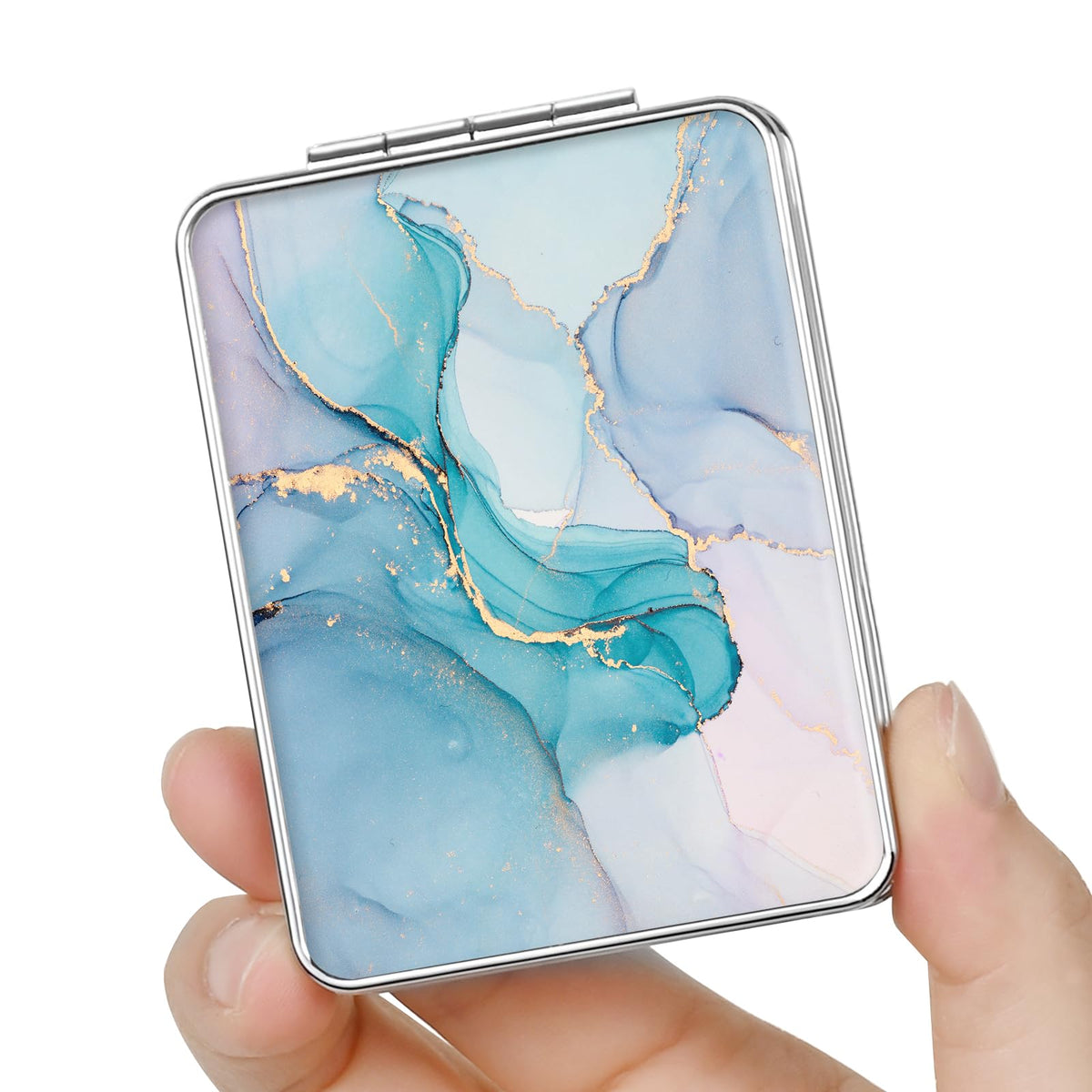 Pocket Mirror, Small Travel Mirror with Magnification, Portable Double-Sided Magnifying Cosmetic Mirror for Daily (Pink Marble)