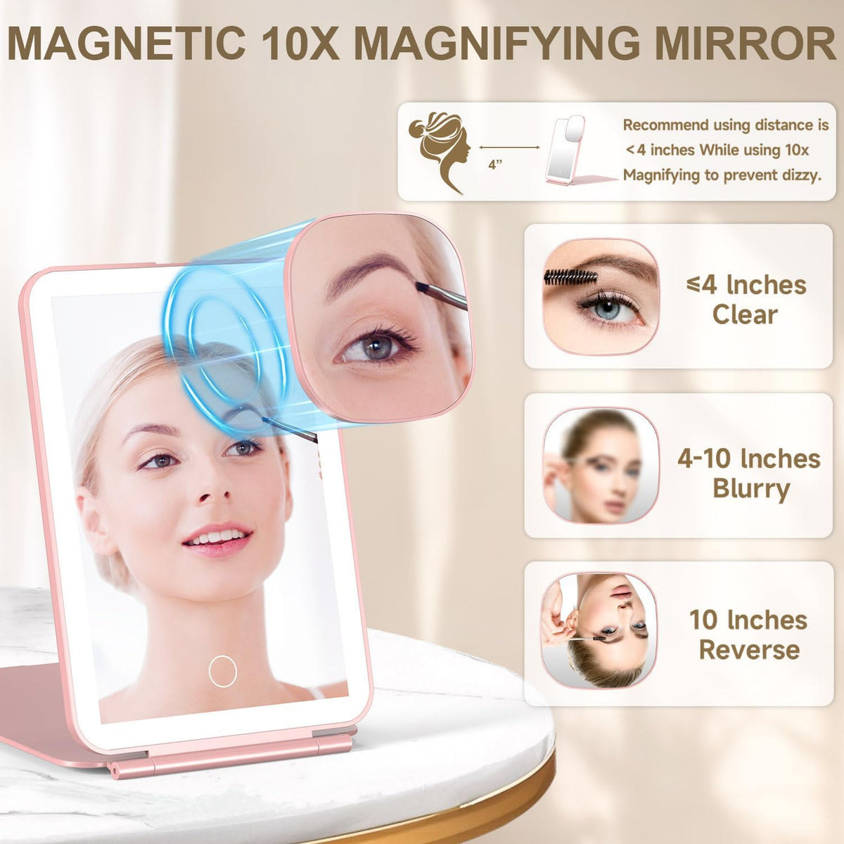Mocado Travel Makeup Mirror with Light, 1x/10x Magnifying Mirror with Light