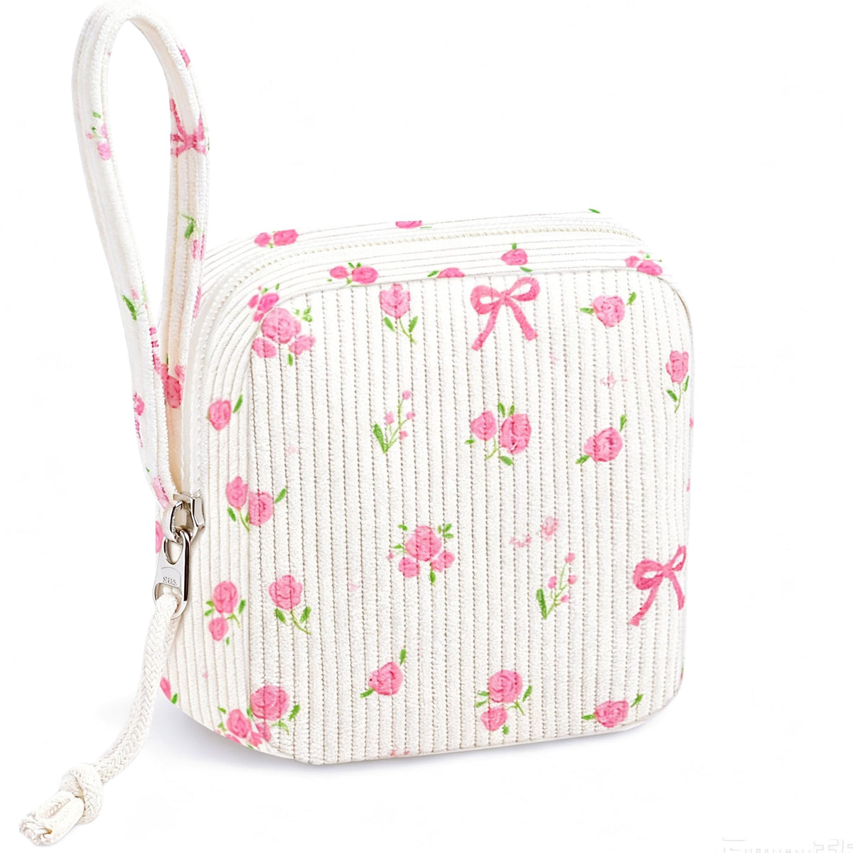 Corduroy Period Pouch for Women, Cute Sanitary Pad Pouch with Zipper, Portable Tampon Holder for Purse, Sanitary Napkin Storage Bag for Travel (Stripes Brown White)